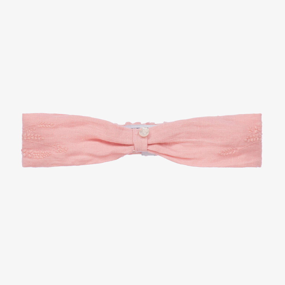 Tartine et Chocolat - Girls Pink Embroidered Linen Headband | Childrensalon