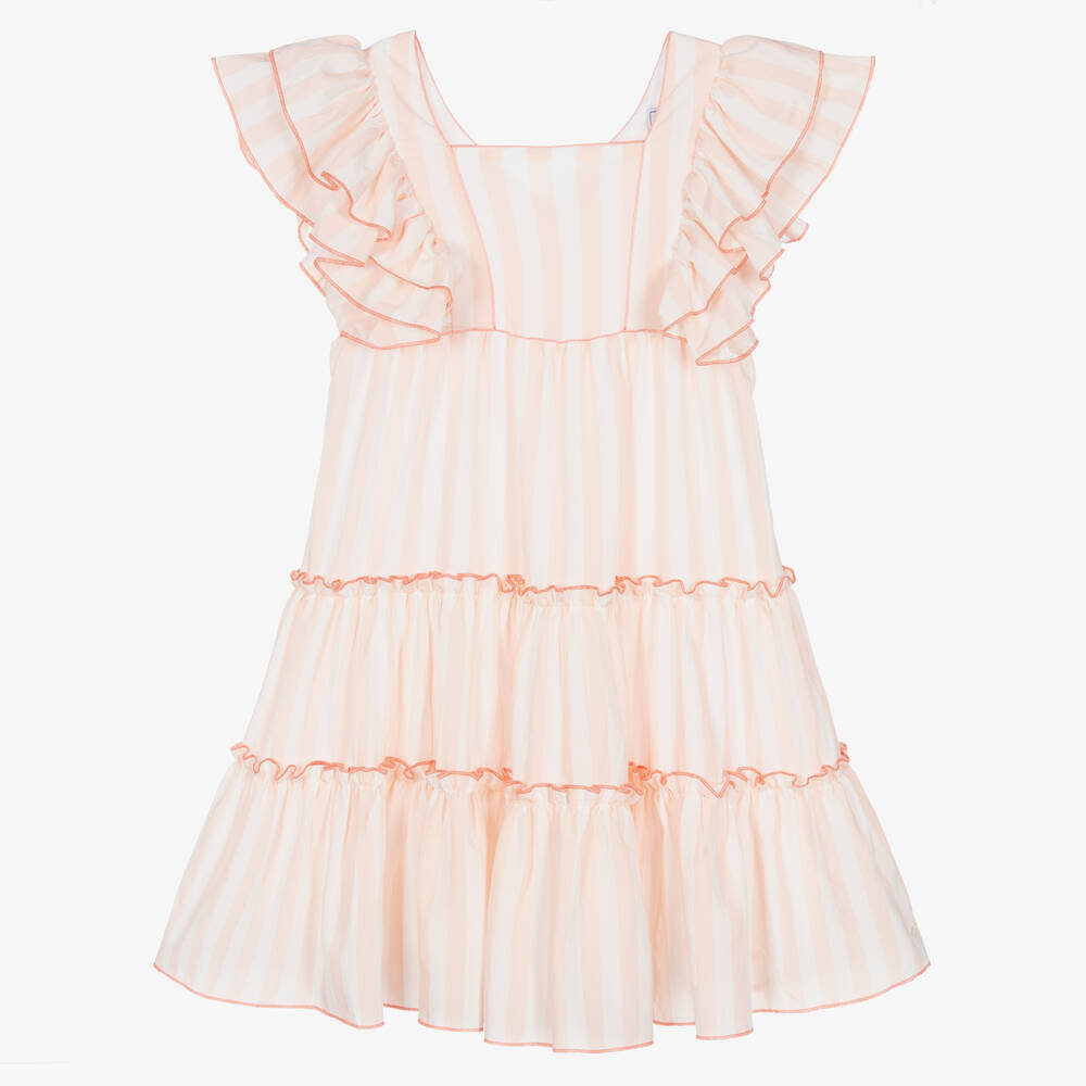 Tartine et Chocolat - Girls Pink & White Stripe Ruffle Dress | Childrensalon