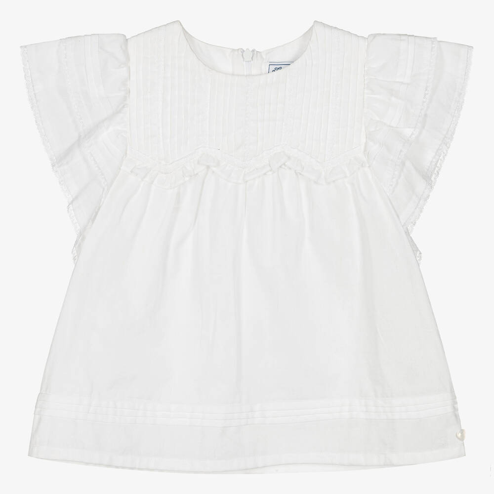 Tartine et Chocolat - Girls White Pleated Cotton Blouse | Childrensalon