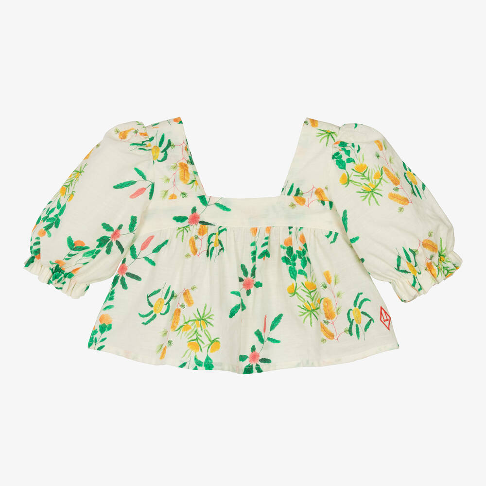 The Animals Observatory - Girls White Cotton Floral Print Blouse | Childrensalon