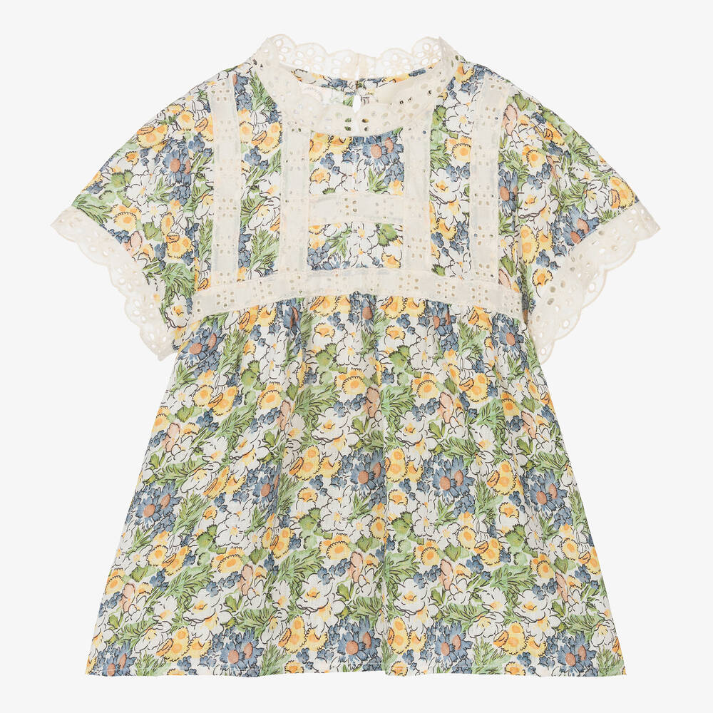 The New Society - Girls Ivory & Green Floral Linen Blouse | Childrensalon