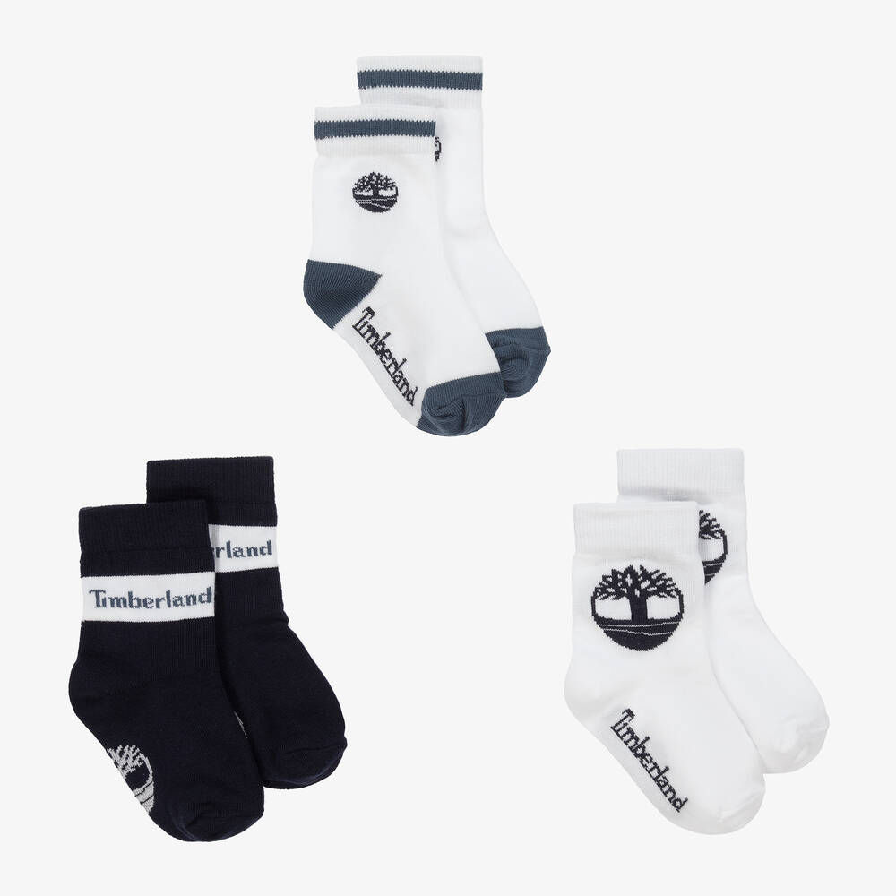 Timberland - Boys Blue & White Cotton Socks (3 Pack) | Childrensalon