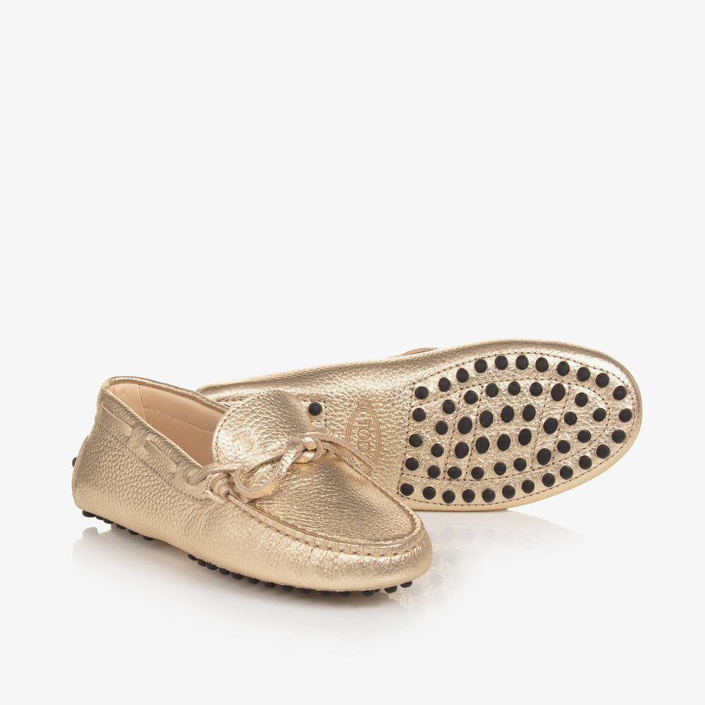 Tod's - Metallic Gold Leather Gommino Moccasins | Childrensalon