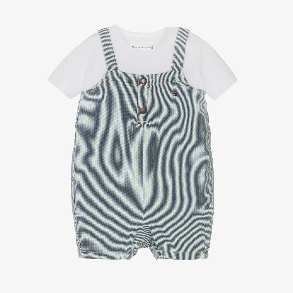 Tommy Hilfiger - Baby Boys Blue Cotton Dungarees Set | Childrensalon