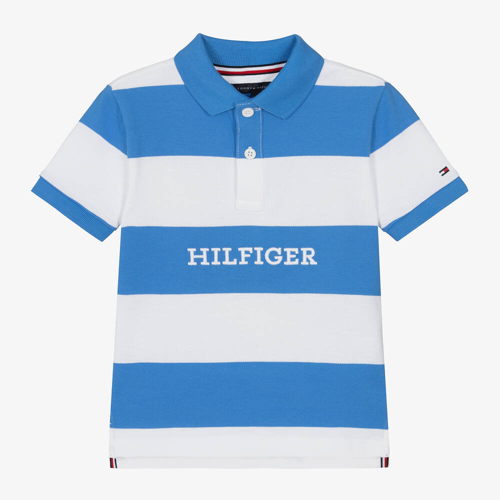 Tommy Hilfiger - توب بولو قطن مقلم لون أزرق وأبيض للأولاد | Childrensalon