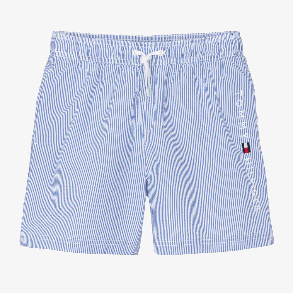 Tommy Hilfiger - Boys Blue Stripe Seersucker Swim Shorts | Childrensalon