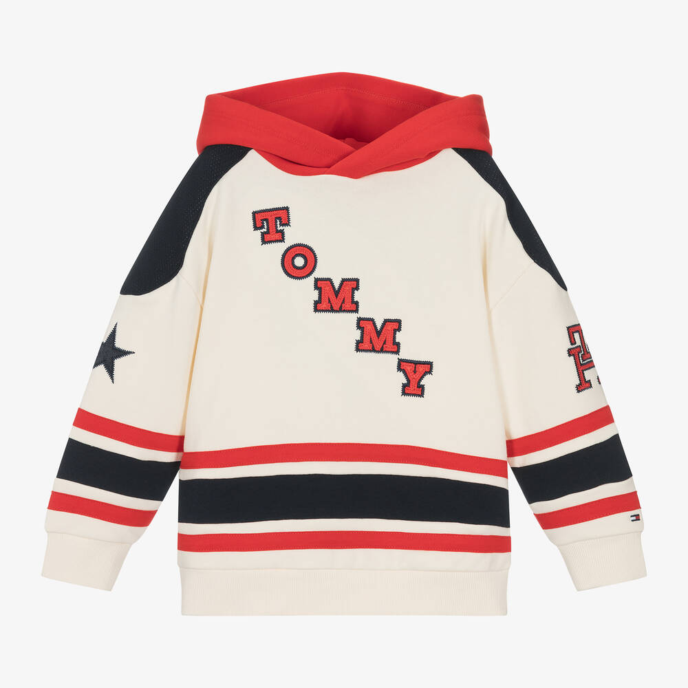 Tommy Hilfiger - Boys Ivory & Red Cotton Hoodie | Childrensalon