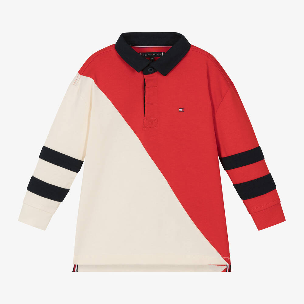 Tommy Hilfiger - Boys Red Colourblock Cotton Polo Shirt | Childrensalon