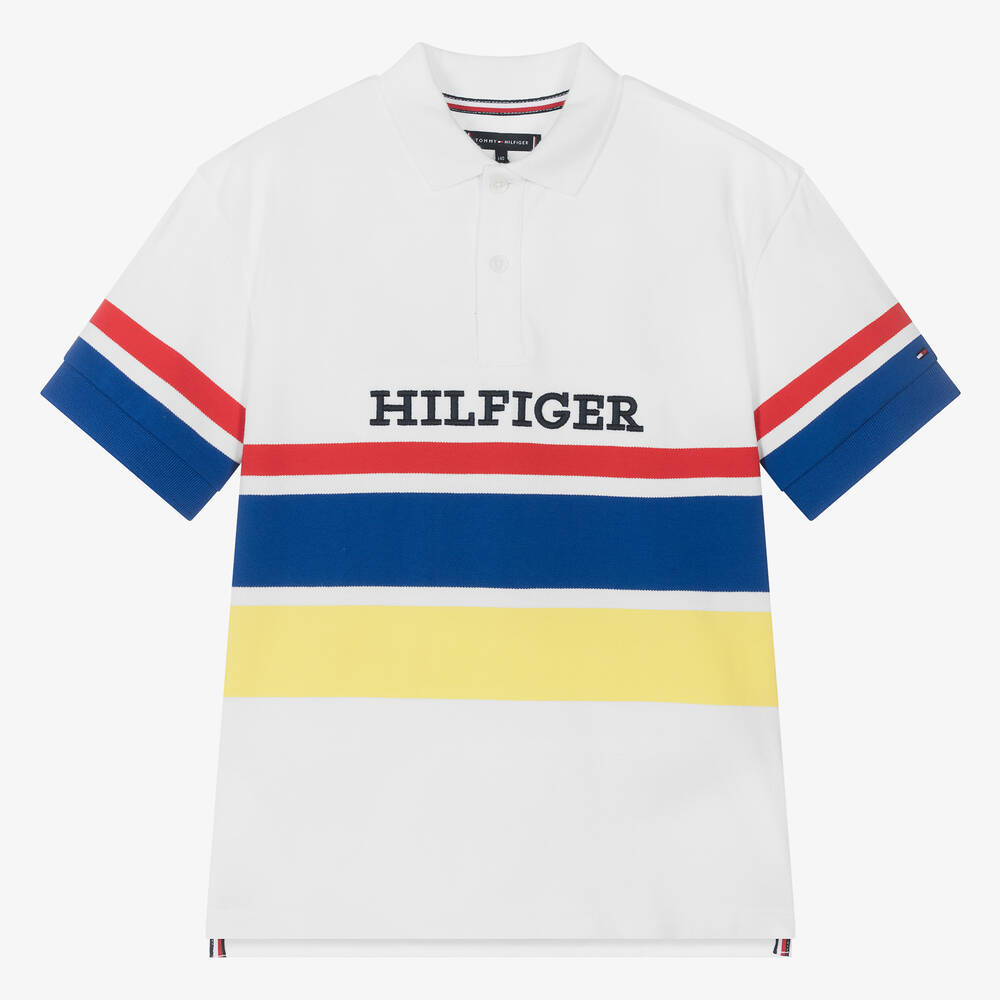 Tommy Hilfiger - توب بولو قطن بيكيه مقلم لون أبيض للأولاد | Childrensalon