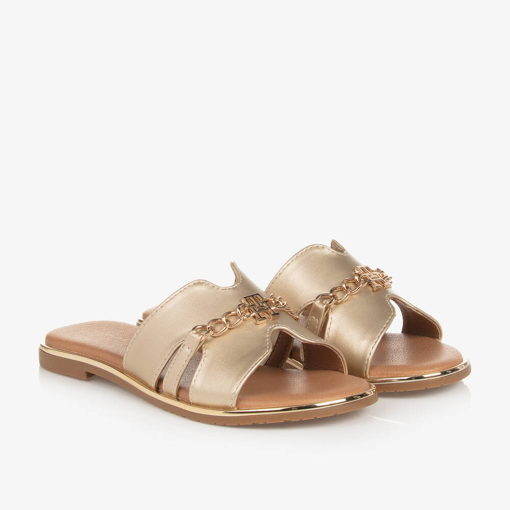 Tommy Hilfiger - Girls Gold TH Monogram Sliders | Childrensalon