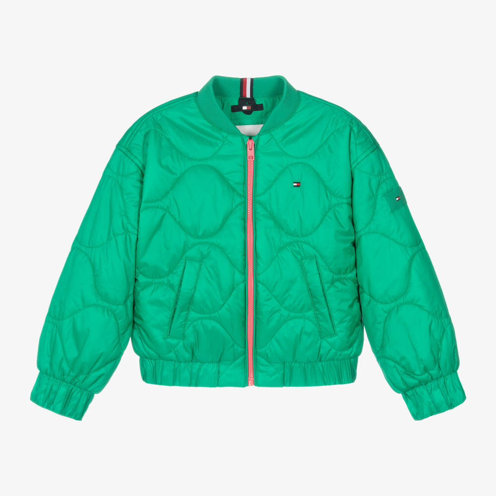 Tommy Hilfiger - Girls Green Quilted Satin Bomber Jacket | Childrensalon