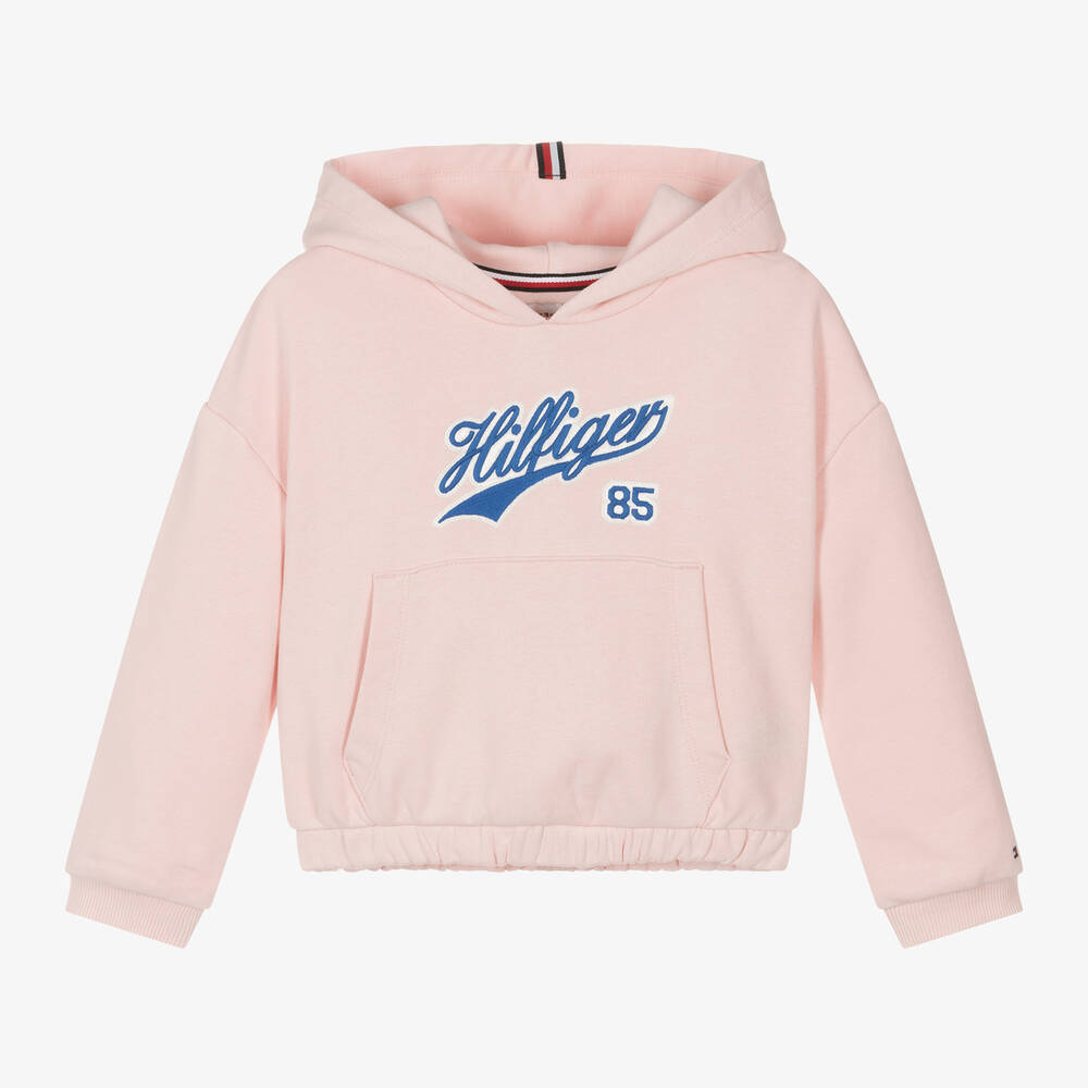 Tommy Hilfiger - Sweat à capuche rose en coton varsity fille | Childrensalon