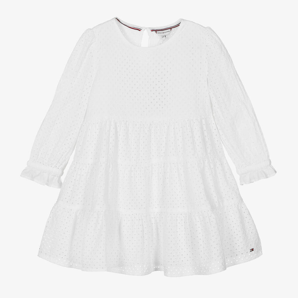 Tommy Hilfiger - Robe blanche brodée en coton fille | Childrensalon