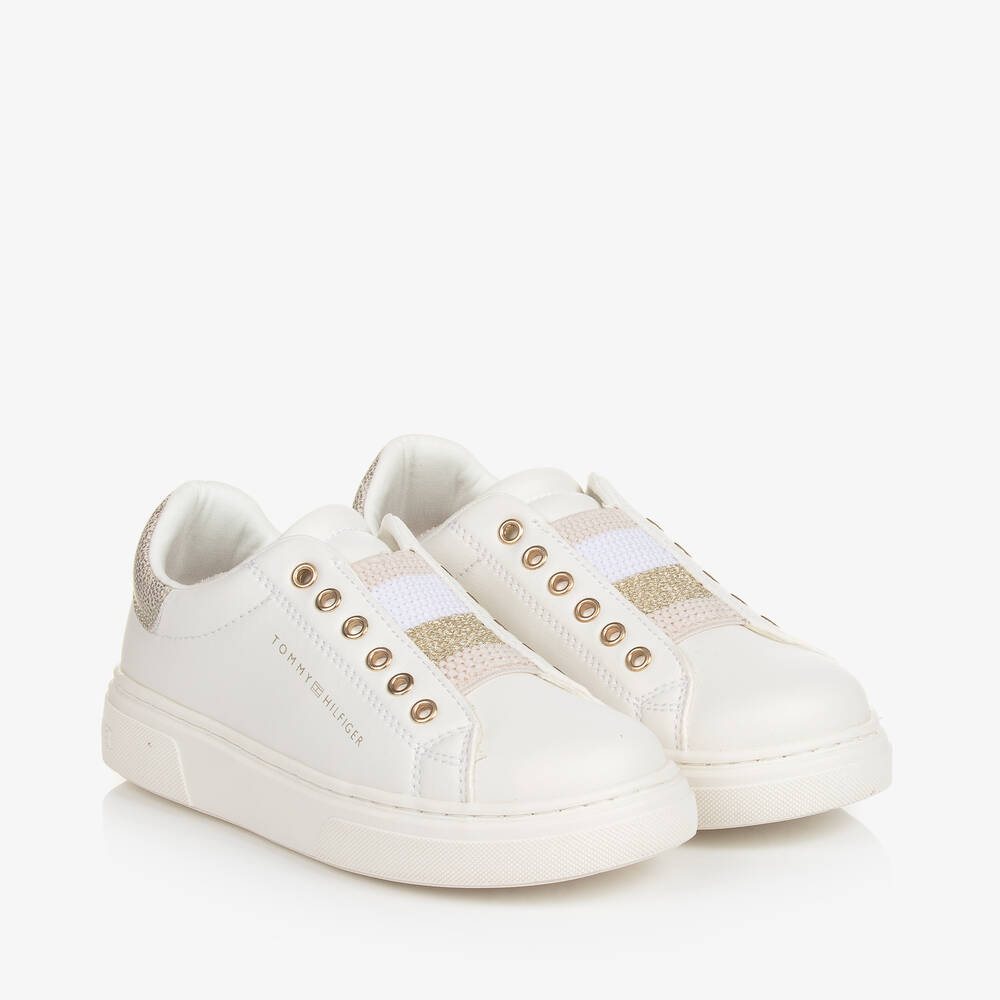 Tommy Hilfiger - Girls White & Gold Faux Leather Trainers | Childrensalon