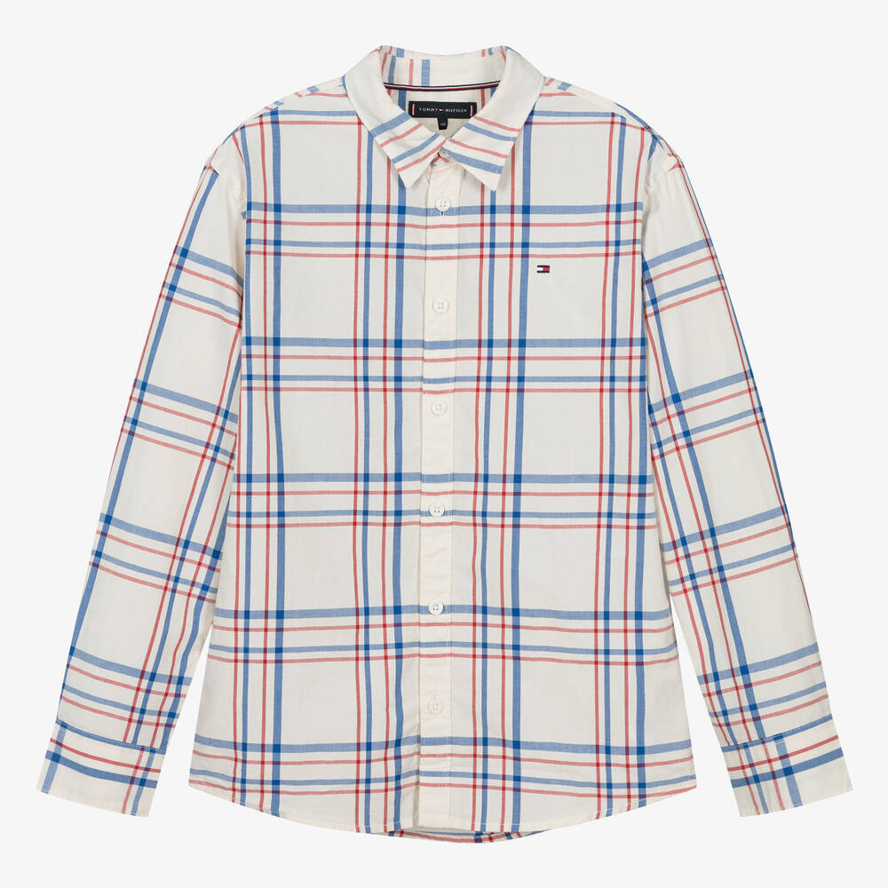 Tommy Hilfiger - Teen Boys Ivory Checked Cotton Shirt | Childrensalon