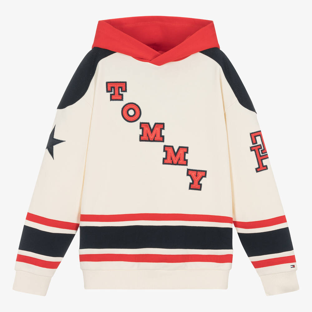 Tommy Hilfiger - Sweat à capuche coton ivoire et rouge | Childrensalon