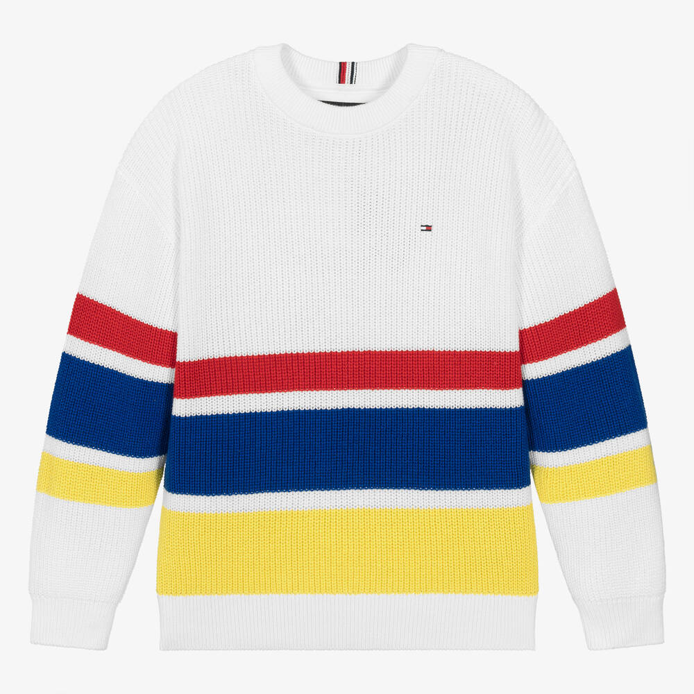 Tommy Hilfiger - Pull blanc rayé en coton ado garçon | Childrensalon