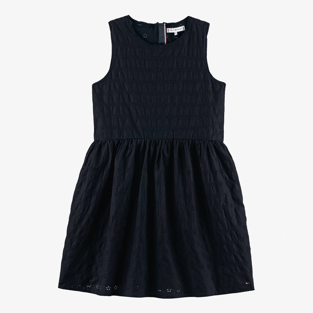 Tommy Hilfiger - Teen Girls Navy Blue Broderie Anglaise Dress | Childrensalon