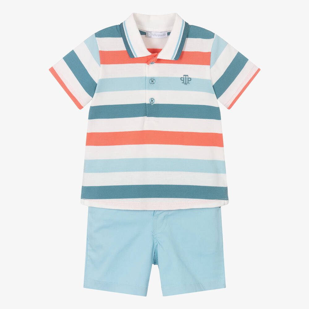 Tutto Piccolo - Boys Ivory & Blue Cotton Shorts Set | Childrensalon