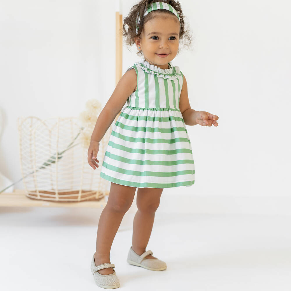 Tutto Piccolo - Girls White & Green Stripe Cotton Dress