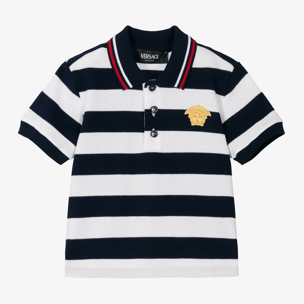 Versace - Baby Boys Blue Stripe Cotton Polo Shirt | Childrensalon