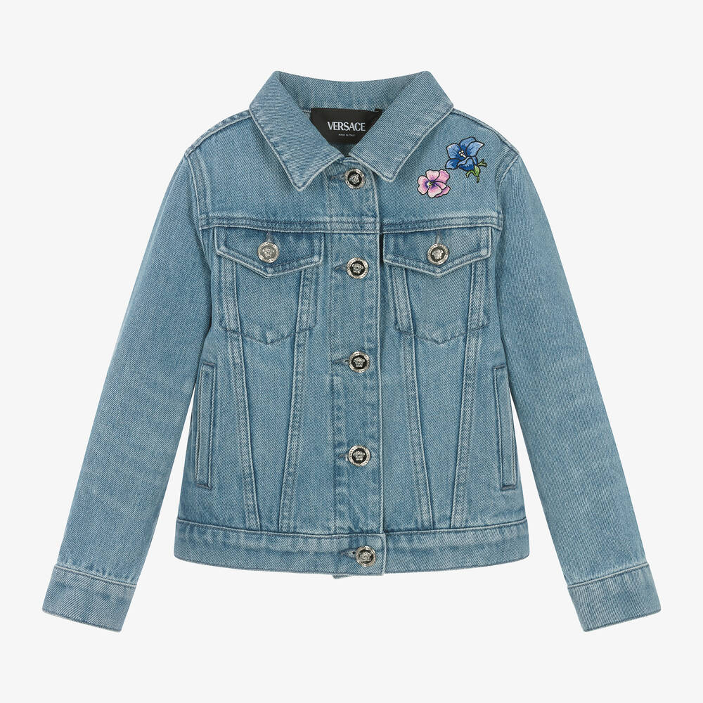 Versace - Girls Blue Embroidered Blossom Denim Jacket | Childrensalon