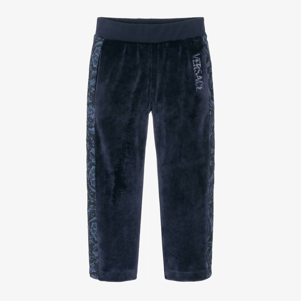 Versace - Girls Blue Velour Barocco Stripe Joggers | Childrensalon