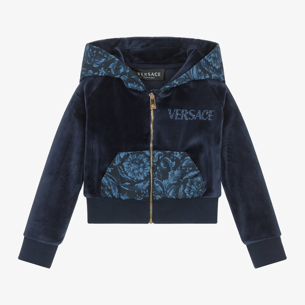 Versace - Girls Blue Velour Zip-Up Hoodie | Childrensalon