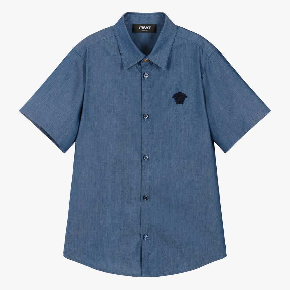 Versace - Teen Boys Blue Chambray Medusa Shirt | Childrensalon