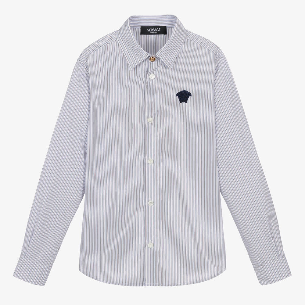 Versace - Chemise bleue rayée en coton ado | Childrensalon