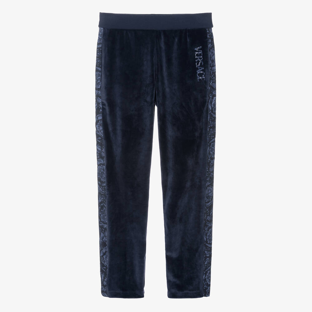 Versace - Teen Girls Blue Velour Barocco Stripe Joggers | Childrensalon