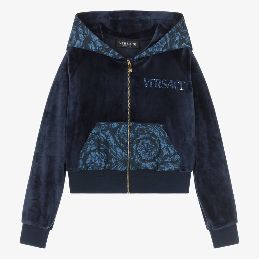 Versace - Teen Girls Blue Velour Zip-Up Hoodie | Childrensalon