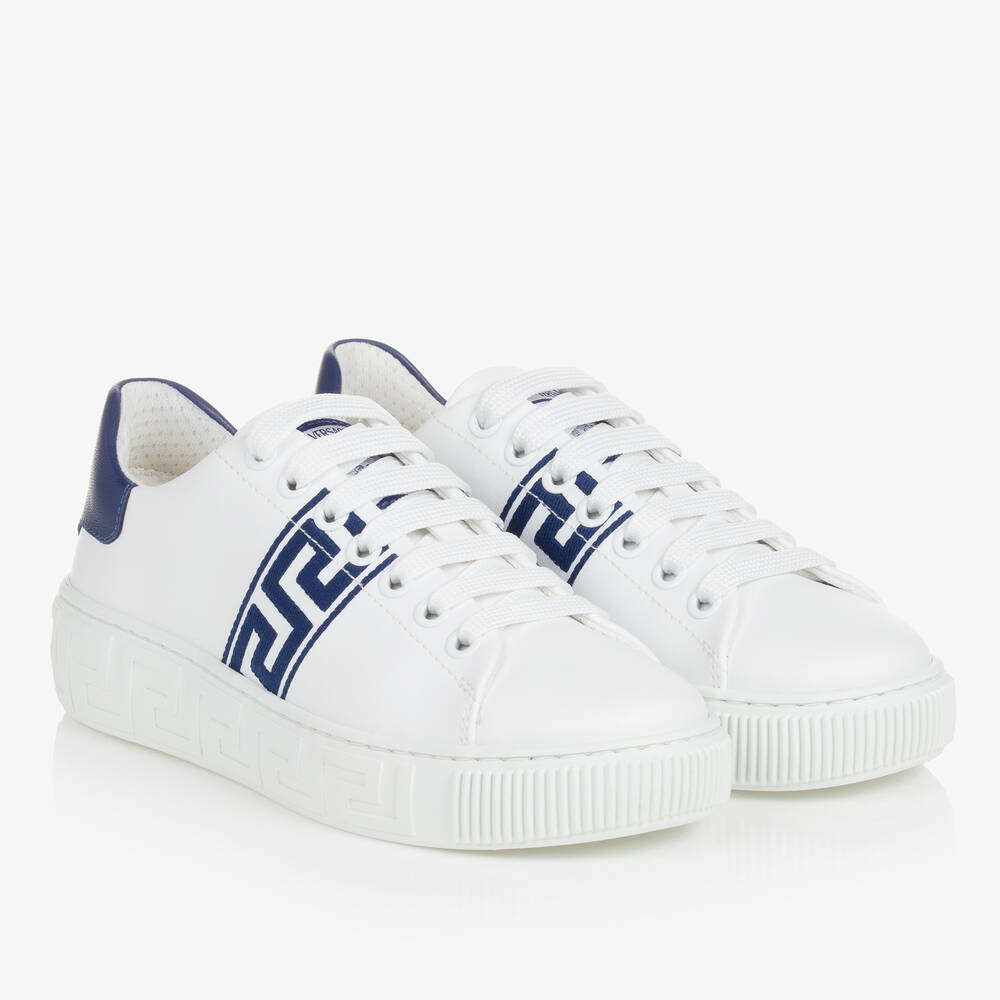 Versace - Teen White & Blue Greca Leather Trainers | Childrensalon