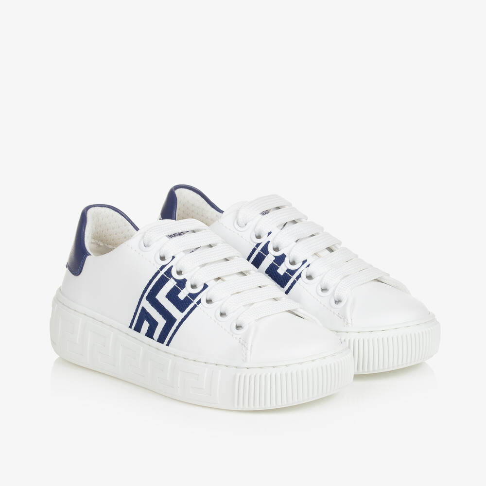 Versace - White & Blue Greca Leather Trainers | Childrensalon