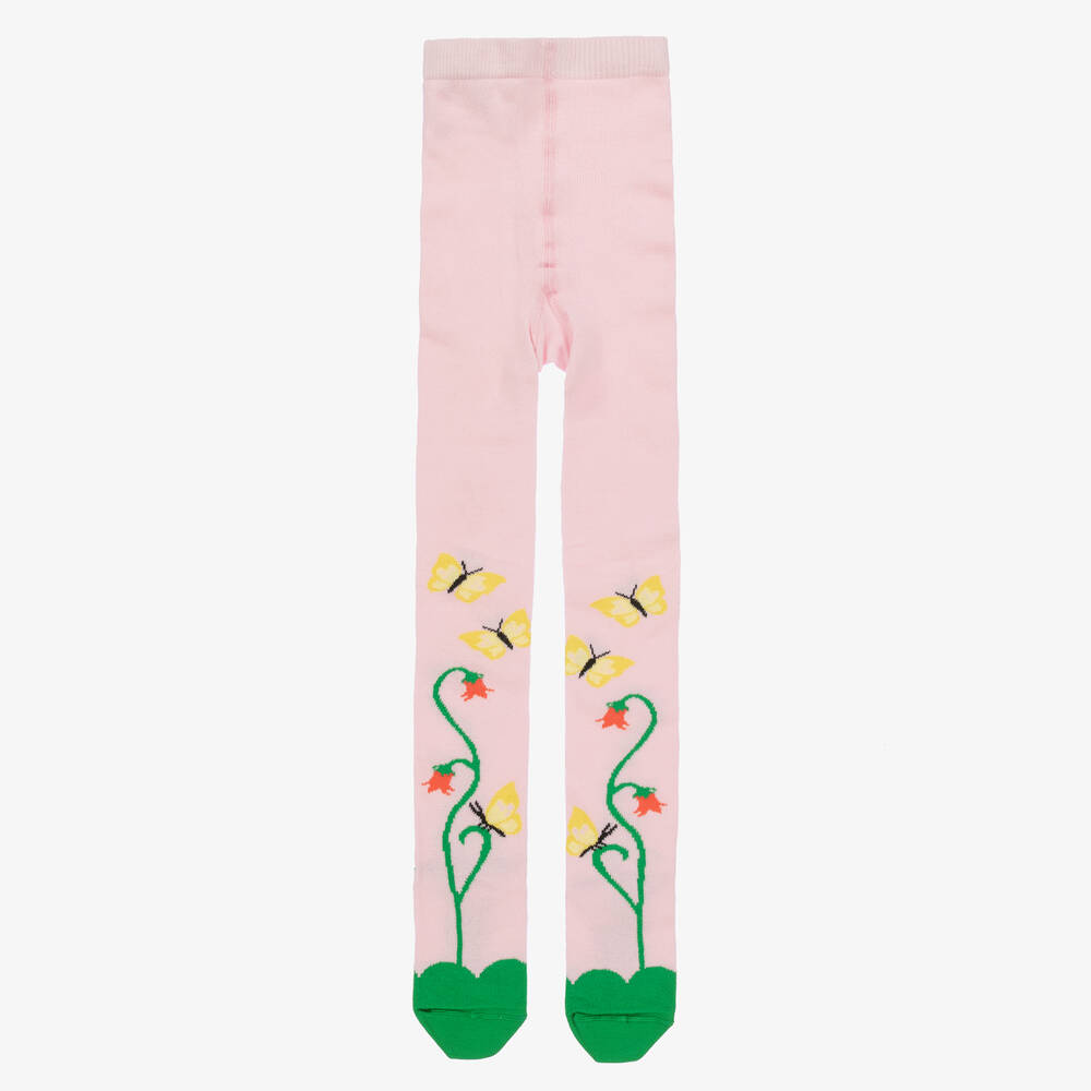 Wauw Capow - Girls Pink Organic Cotton Butterfly Tights | Childrensalon