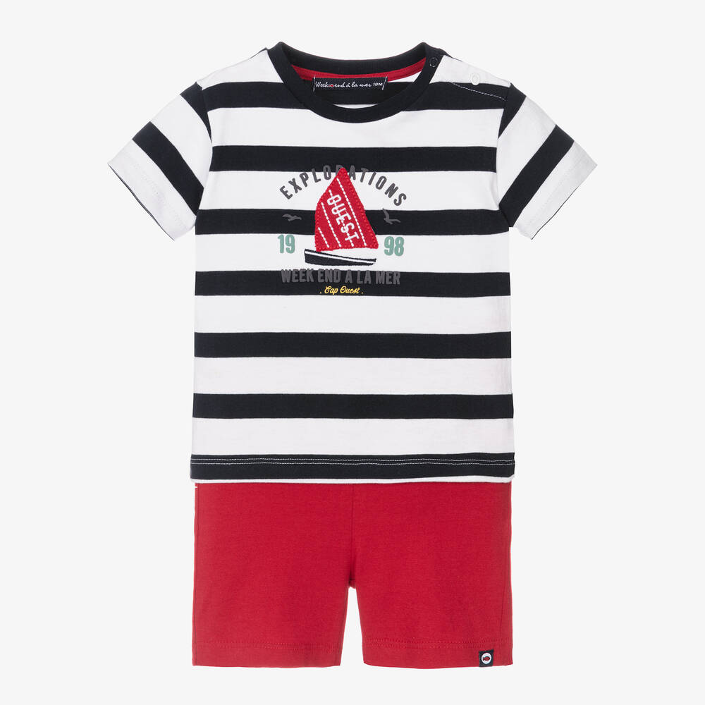 Week-end à la mer - Boys Blue & Red Cotton Shorts Set | Childrensalon