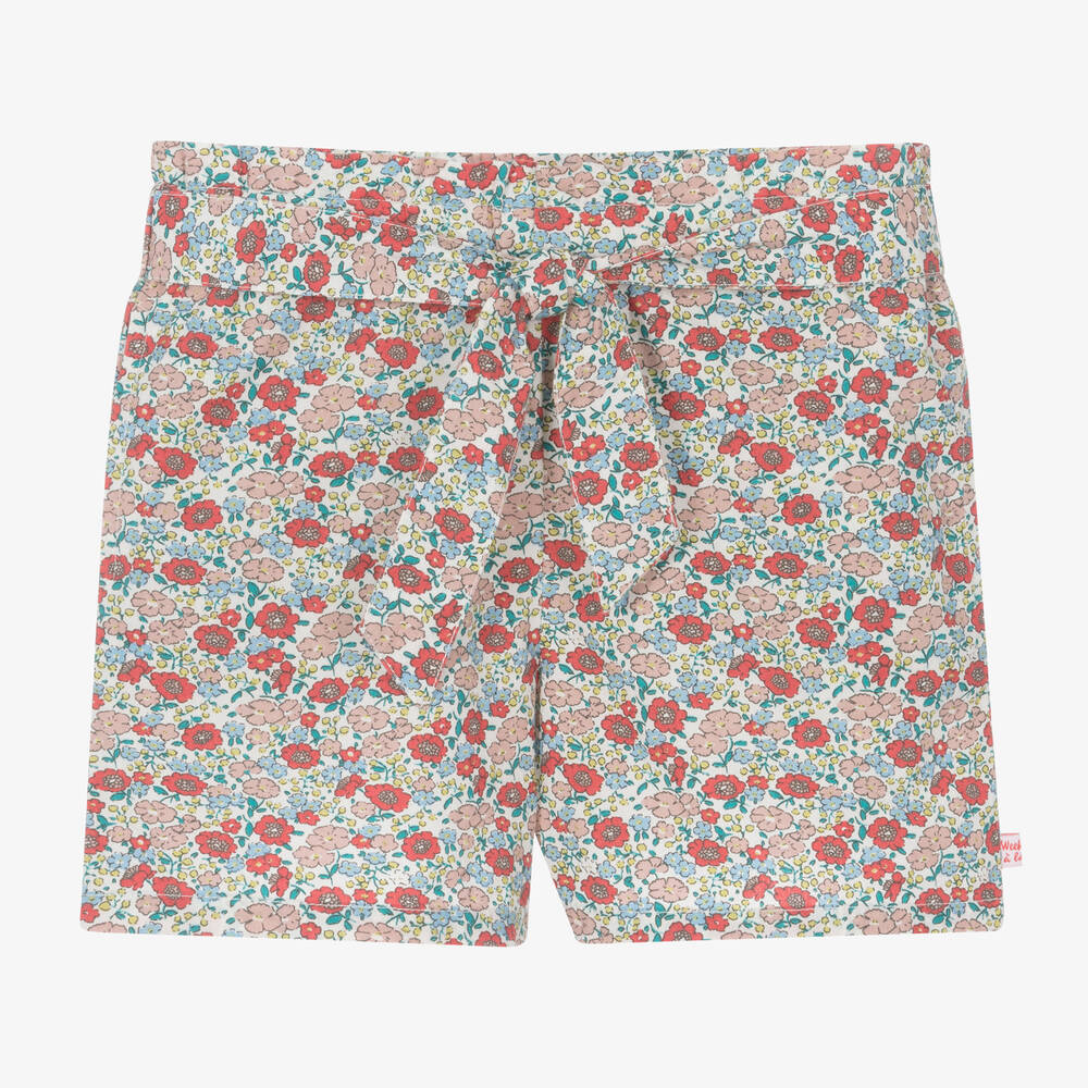 Week-end à la mer - Girls Red & Blue Floral Cotton Shorts | Childrensalon