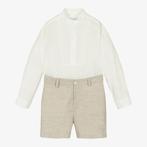 Abuela Tata-Boys Beige & Ivory Cotton & Linen Shorts Set | Childrensalon Outlet