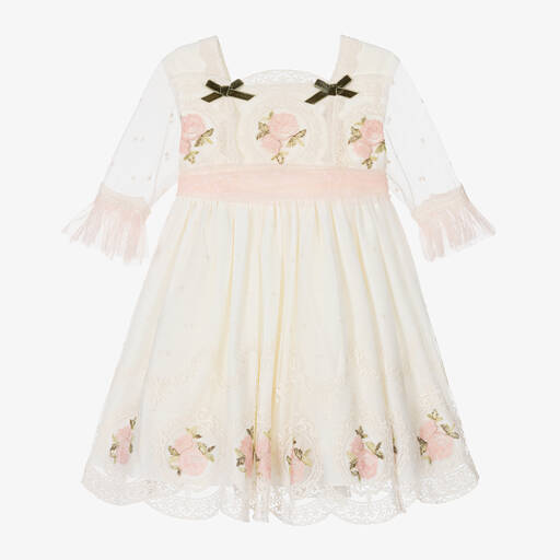 Abuela Tata-Girls Ivory Embroidered Tulle Roses Dress  | Childrensalon Outlet