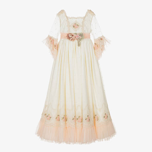 Abuela Tata-Girls Ivory & Pink Floral Tulle Dress | Childrensalon Outlet