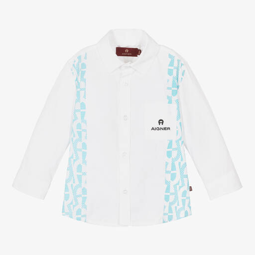 AIGNER-Baby Boys White & Blue Cotton Shirt | Childrensalon Outlet