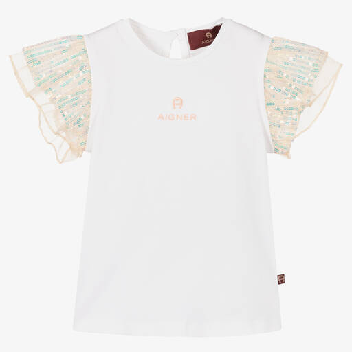 AIGNER-Baby Girls White & Pink Sequin T-Shirt | Childrensalon Outlet