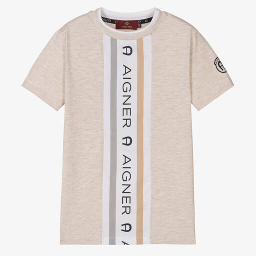 AIGNER-Boys Beige Cotton Logo T-Shirt | Childrensalon Outlet