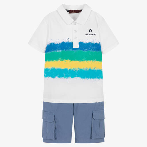 AIGNER-Boys White Polo Shirt & Blue Shorts Set  | Childrensalon Outlet