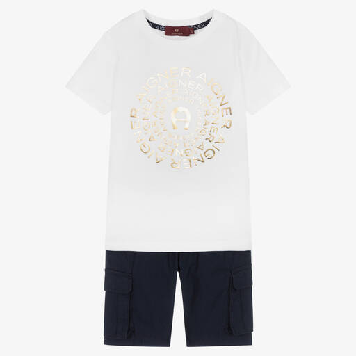 AIGNER-Boys White T-Shirt & Navy Blue Shorts Set | Childrensalon Outlet