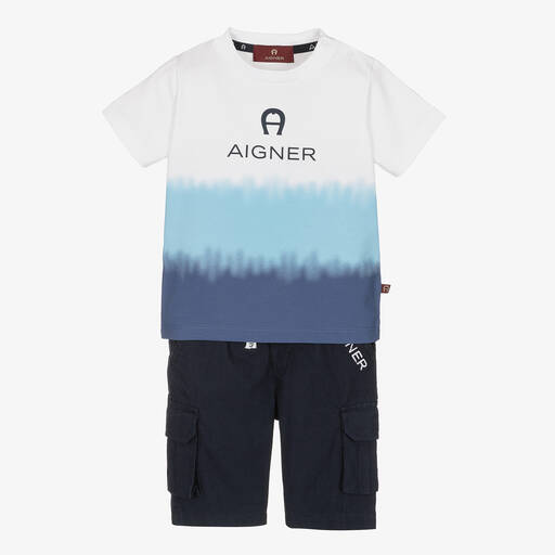 AIGNER-Boys White Tie-Dye T-Shirt & Navy Blue Shorts Set | Childrensalon Outlet