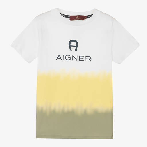 AIGNER-Boys White & Yellow Logo T-Shirt | Childrensalon Outlet