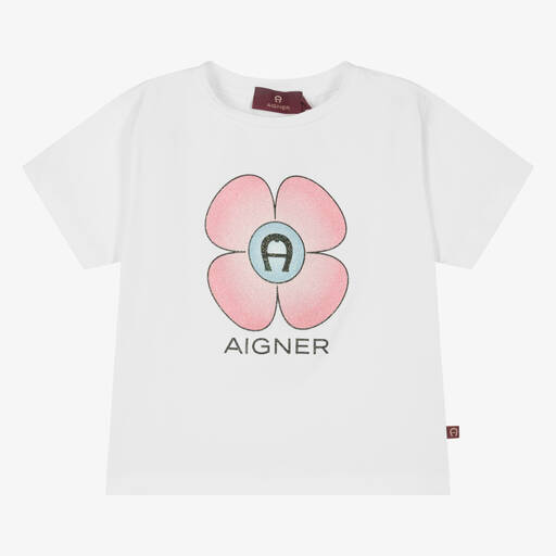 AIGNER-Girls White Cotton Flower T-Shirt | Childrensalon Outlet