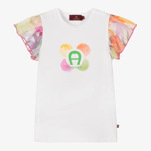 AIGNER-Girls White Floral Logo T-Shirt | Childrensalon Outlet