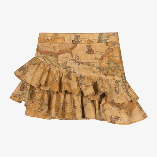 Alviero Martini-Girls Beige Geo Map Ruffle Cotton Skirt | Childrensalon Outlet